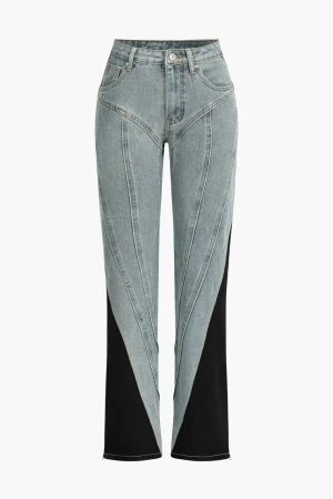 Denim Patchwork Straight Leg Jeans>MICAS Sale