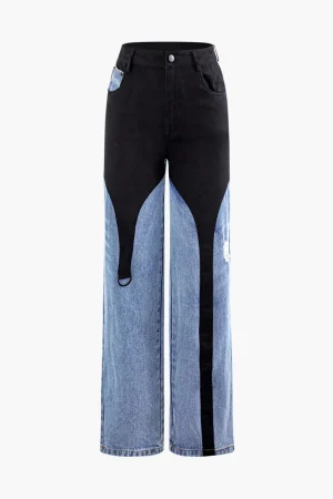 Denim Patchwork Straight Leg Jeans>MICAS Sale