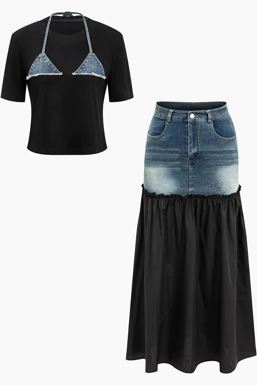 Denim Patchwork T-shirt And Skirt Set>MICAS Online