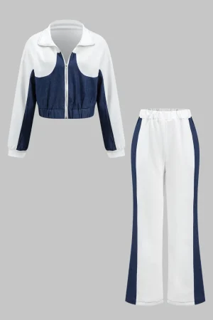Denim Zipper Patchwork Jacket And Trousers Set>MICAS Fashion