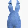 Distressed Backless Halter V-neck Romper>MICAS Clearance