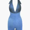 Distressed Backless Halter V-neck Romper>MICAS Clearance