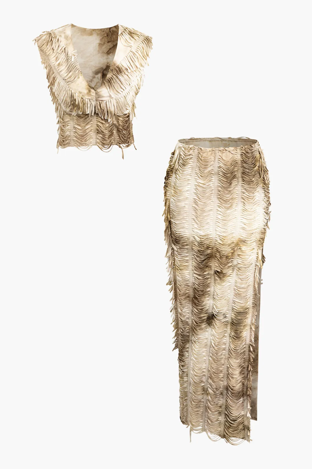 Distressed V-neck Cap Sleeve Crop Top And Slit Maxi Skirt Set>MICAS Hot