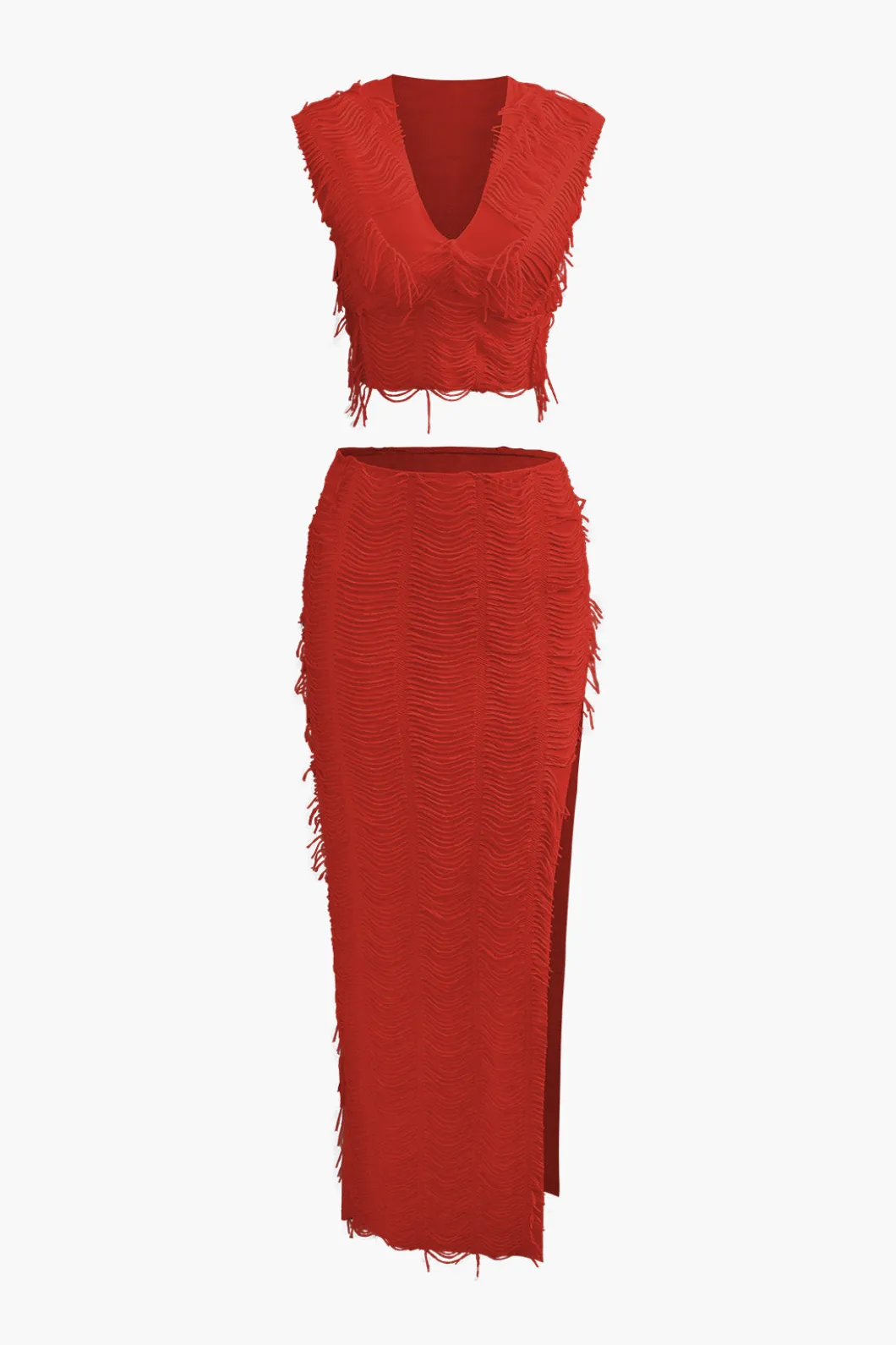 Distressed V-neck Cap Sleeve Crop Top And Slit Maxi Skirt Set>MICAS Hot