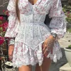 Ditsy Floral Print Lace Trim Corset Long Sleeve Mini Dress>MICAS Hot