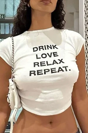 DRINK LOVE RELAX REPEAT Letter Print Ruched Cut Out T-shirt>MICAS New