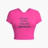 DRINK LOVE RELAX REPEAT Letter Print Ruched Cut Out T-shirt>MICAS New