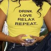 DRINK LOVE RELAX REPEAT Letter Print Ruched Cut Out T-shirt>MICAS New