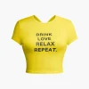 DRINK LOVE RELAX REPEAT Letter Print Ruched Cut Out T-shirt>MICAS New