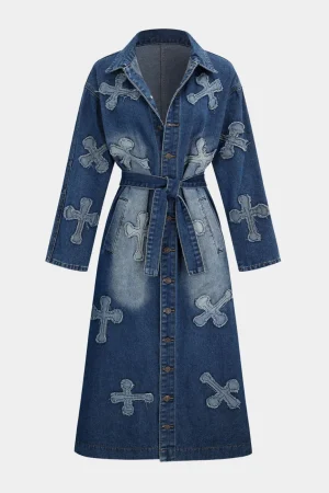 Embroidery Denim Long Coat Belted Outerwear>MICAS Fashion