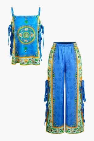 Ethnic Print Satin Knotted Cami Top and Wide Leg Pants Set>MICAS Hot