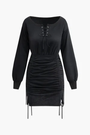 Eyelet Tie Ruched Drawstring Slit Mini Dress>MICAS Sale
