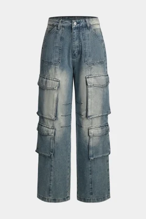 Faded Pocket Straight Leg Cargo Jeans>MICAS Hot