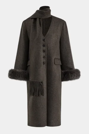 Faux Fur Button Pocket Long-Sleeve Coat With Scarf>MICAS Online