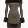 Faux Fur Trim Off Shoulder Midi Dress>MICAS New