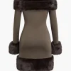 Faux Fur Trim Off Shoulder Midi Dress>MICAS New
