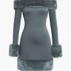 Faux Fur Trim Off Shoulder Midi Dress>MICAS New