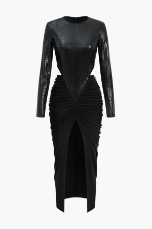 Faux Leather Patchwork Long Sleeve Maxi Dress>MICAS Hot