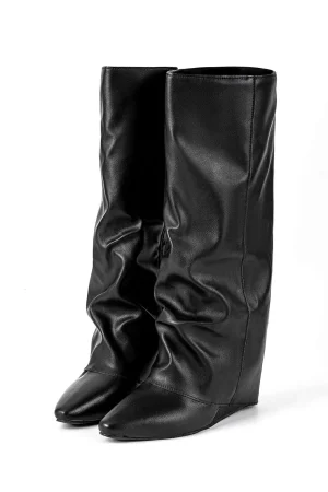 Faux Leather Almond Toe Mid Calf Boots>MICAS Fashion