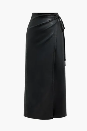 Faux Leather Asymmetrical High Waist Tie-Up Skirt>MICAS Best