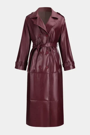 Faux Leather Belted Button Coat>MICAS Discount