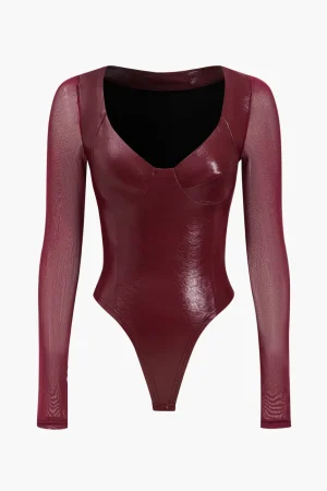 Faux Leather Bustier Long Sleeve Bodysuit>MICAS Online
