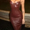 Faux Leather Bustier Slip Midi Dress>MICAS Online
