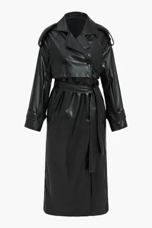 Faux Leather Button Asymmetrical Belted Coat>MICAS Hot