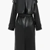 Faux Leather Button Asymmetrical Belted Coat>MICAS Hot
