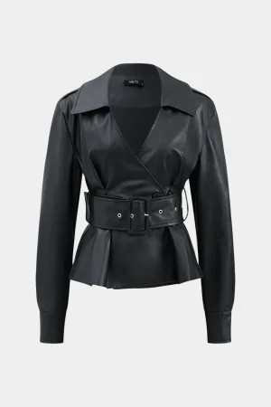 Faux Leather Button Belted Jacket>MICAS New