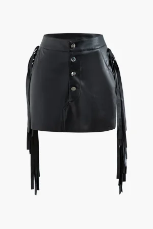 Faux Leather Button Fringe Trim Mini Skirt>MICAS Discount