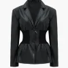 Faux Leather Button Patchwork Blazer>MICAS New