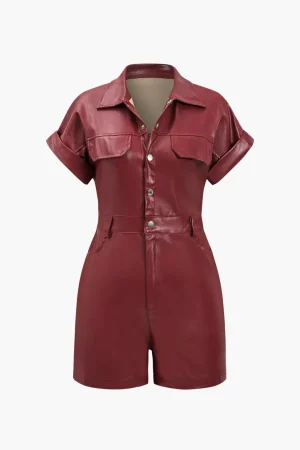 Faux Leather Button Pocket Romper>MICAS Sale