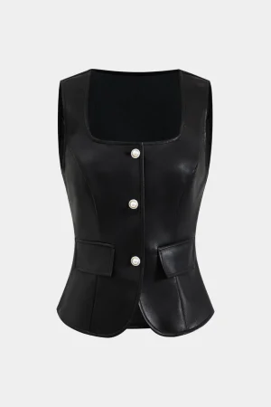 Faux Leather Button Tank Top>MICAS Fashion