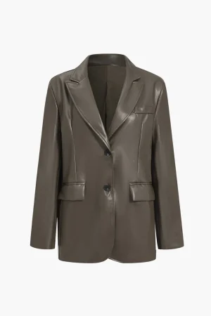 Faux Leather Buttoned Notched Lapel Blazer>MICAS Hot