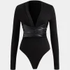 Faux Leather Crossed V-Neck Long Sleeve Bodysuit>MICAS Online