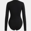 Faux Leather Crossed V-Neck Long Sleeve Bodysuit>MICAS Online