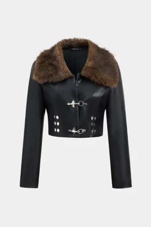 Faux Leather Fur Button Patchwork Jacket>MICAS Best