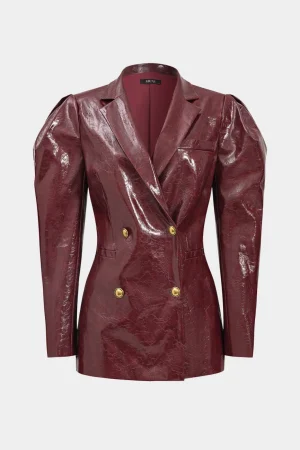 Faux Leather Gigot Sleeve Double Breasted Blazer>MICAS Online