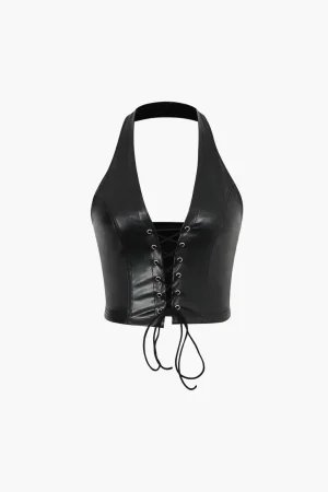 Faux Leather Halter Lace-Up Top>MICAS Sale