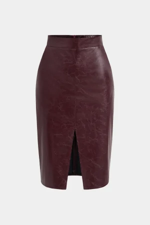 Faux Leather High Waist Split Skirt>MICAS Outlet
