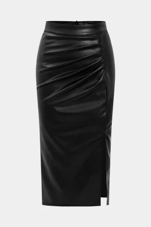 Faux Leather High Waist Side Slit Ruched Skirt>MICAS Best