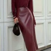 Faux Leather High Waist Slit Skirt>MICAS Clearance