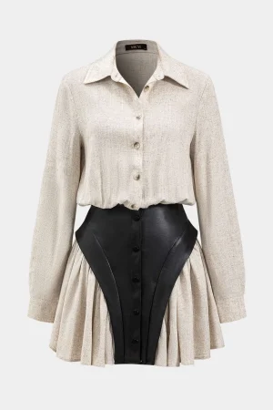 Faux Leather Linen Tie Front Button Patchwork Long Sleeve Mini Dress>MICAS Hot