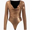 Faux Leather Long Sleeve Cowl Neck Bodysuit>MICAS Hot