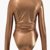 Faux Leather Long Sleeve Cowl Neck Bodysuit>MICAS Hot