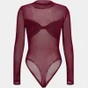 Faux Leather Mesh Patchwork Twist Knot Long Sleeve Bodysuit>MICAS Best