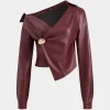 Faux Leather Metallic Asymmetrical Neck Long Sleeve Jacket>MICAS Clearance