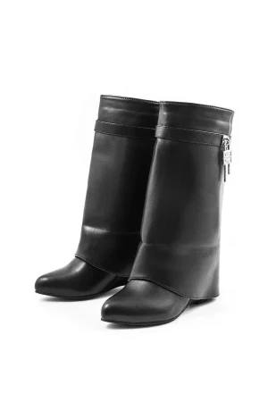 Faux Leather Metallic Zipper Round Toe Mid Calf Boots>MICAS Sale