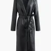 Faux Leather Notched Lapel Belted Trench Coat>MICAS Sale